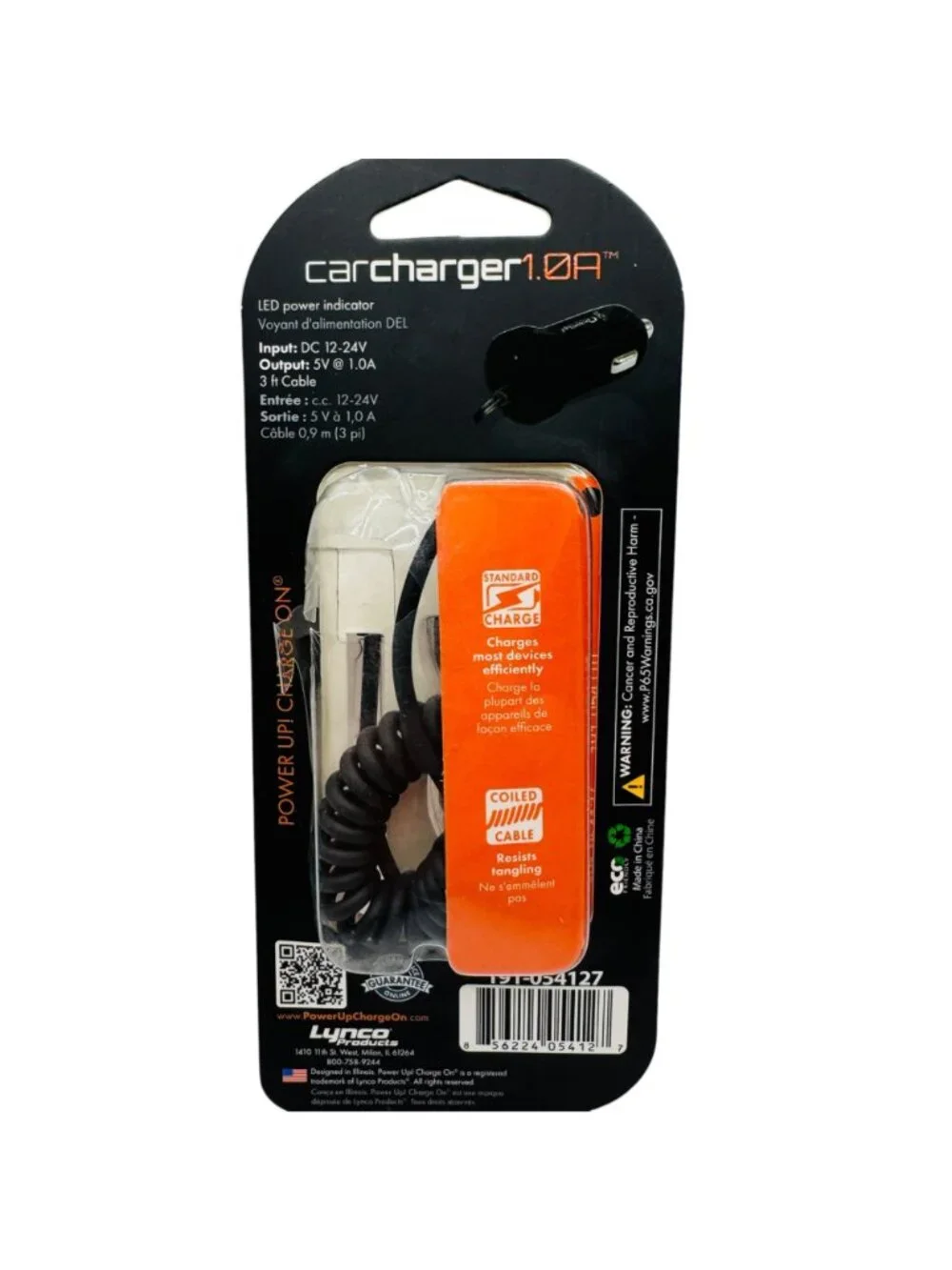 PowerUp! 1.0A Car Charger With Type C Connector & 3ft Coiled Cable LED Indicator